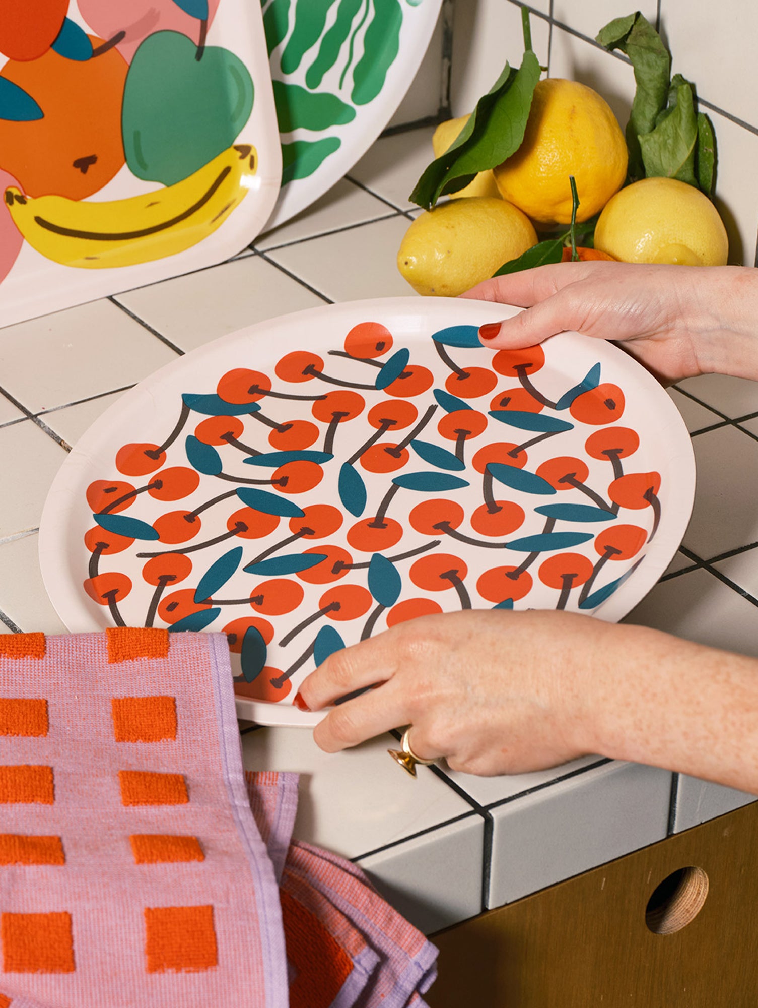 Cherries Small Round Serving Tray by Wrap