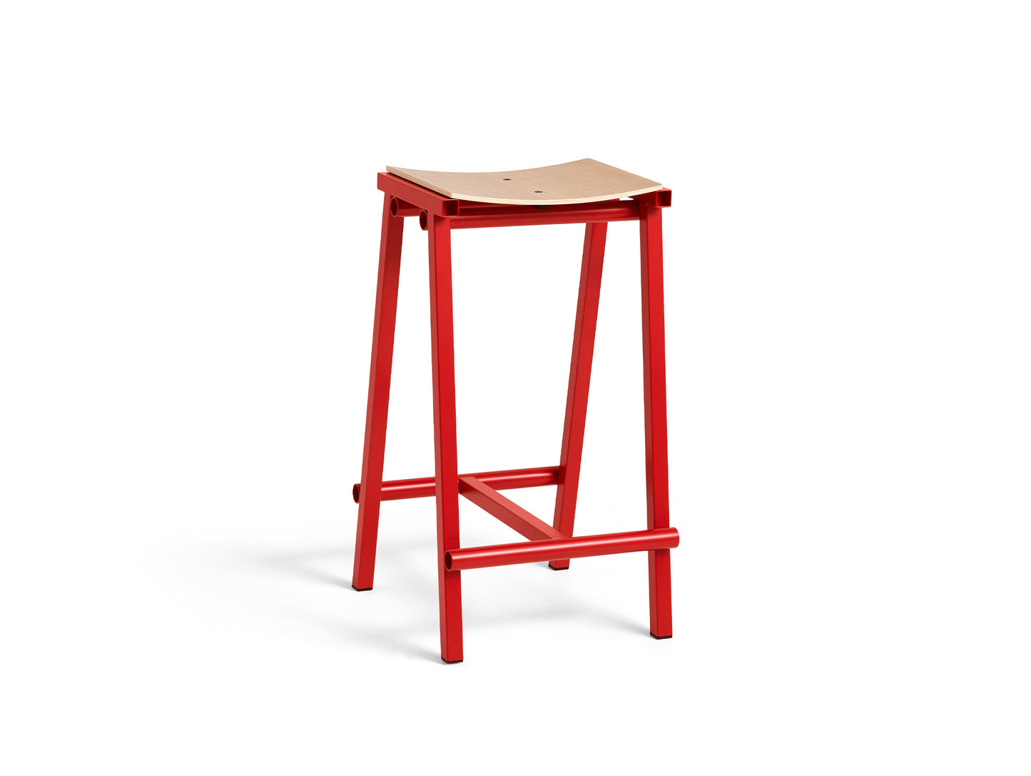 Taburete 8 Bar Stool by HAY - Low / Lacquered Oak Seat / Signal Red Base