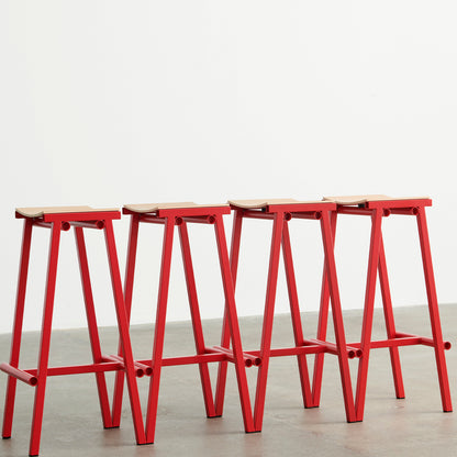 Taburete 8 Bar Stool by HAY - High / Lacquered Oak Seat / Signal Red Base