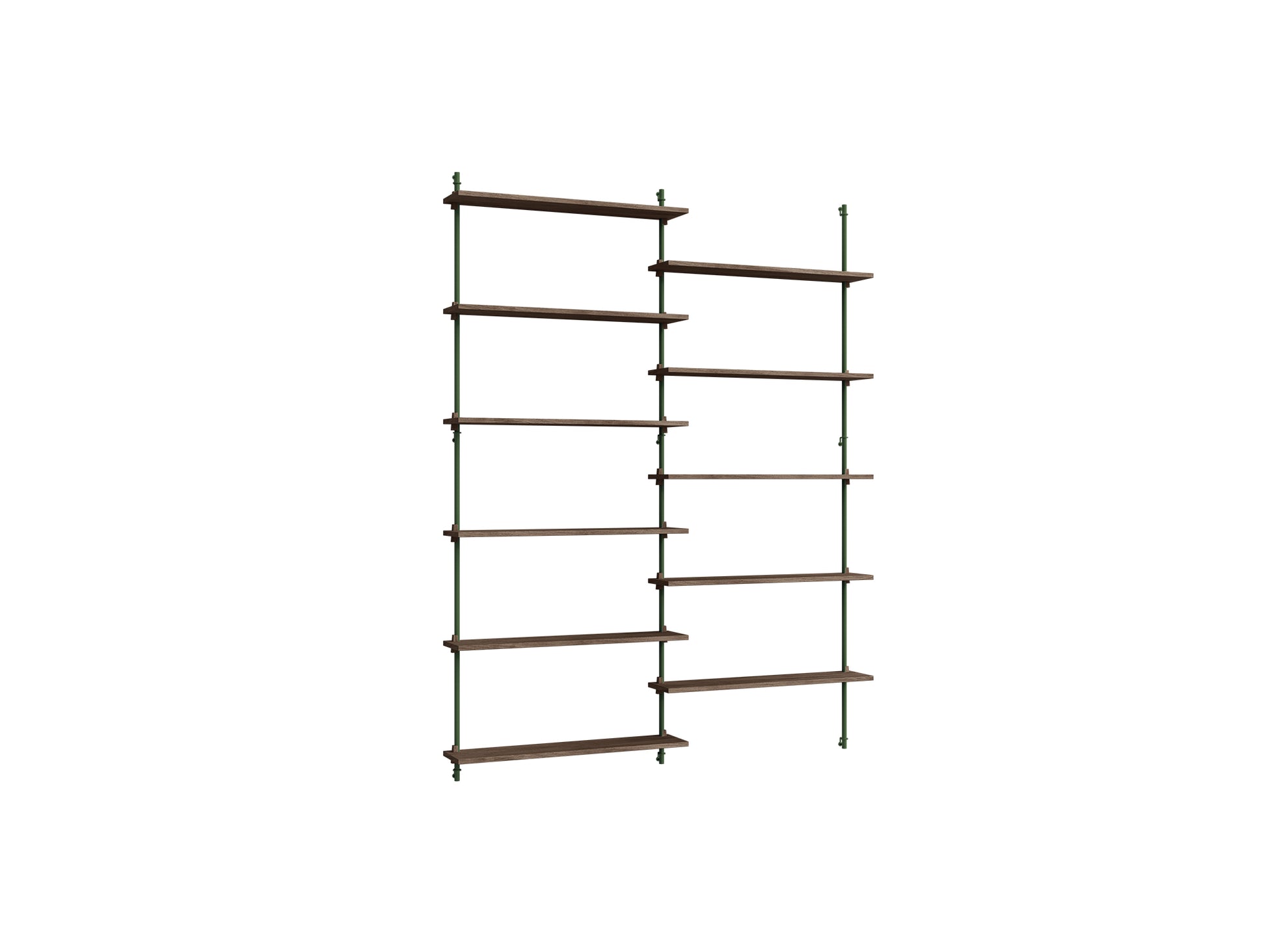 Wall Shelving System Sets (200 cm) by Moebe - WS.200.2 / Pine Green Uprights / Smoked Oak