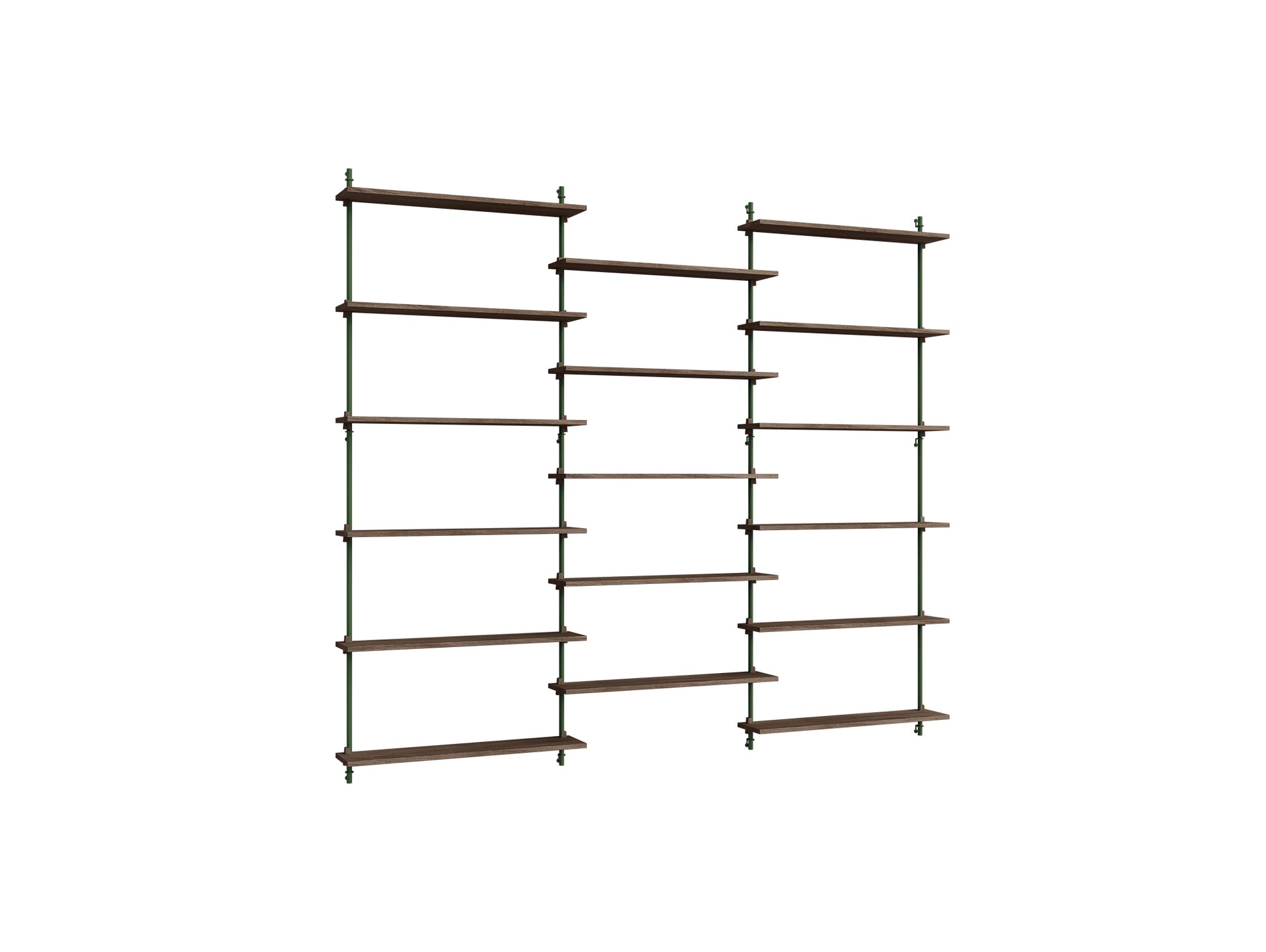 Wall Shelving System Sets (200 cm) by Moebe - WS.200.3 / Pine Green Uprights / Smoked Oak