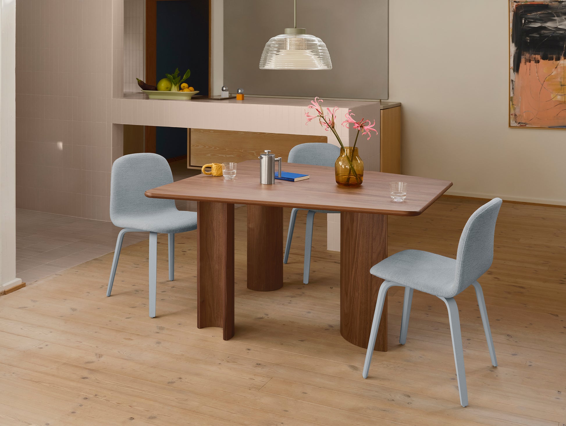 Visu Chair Wood Base Upholstered by Muuto - Light Blue Ash and Ecriture 710