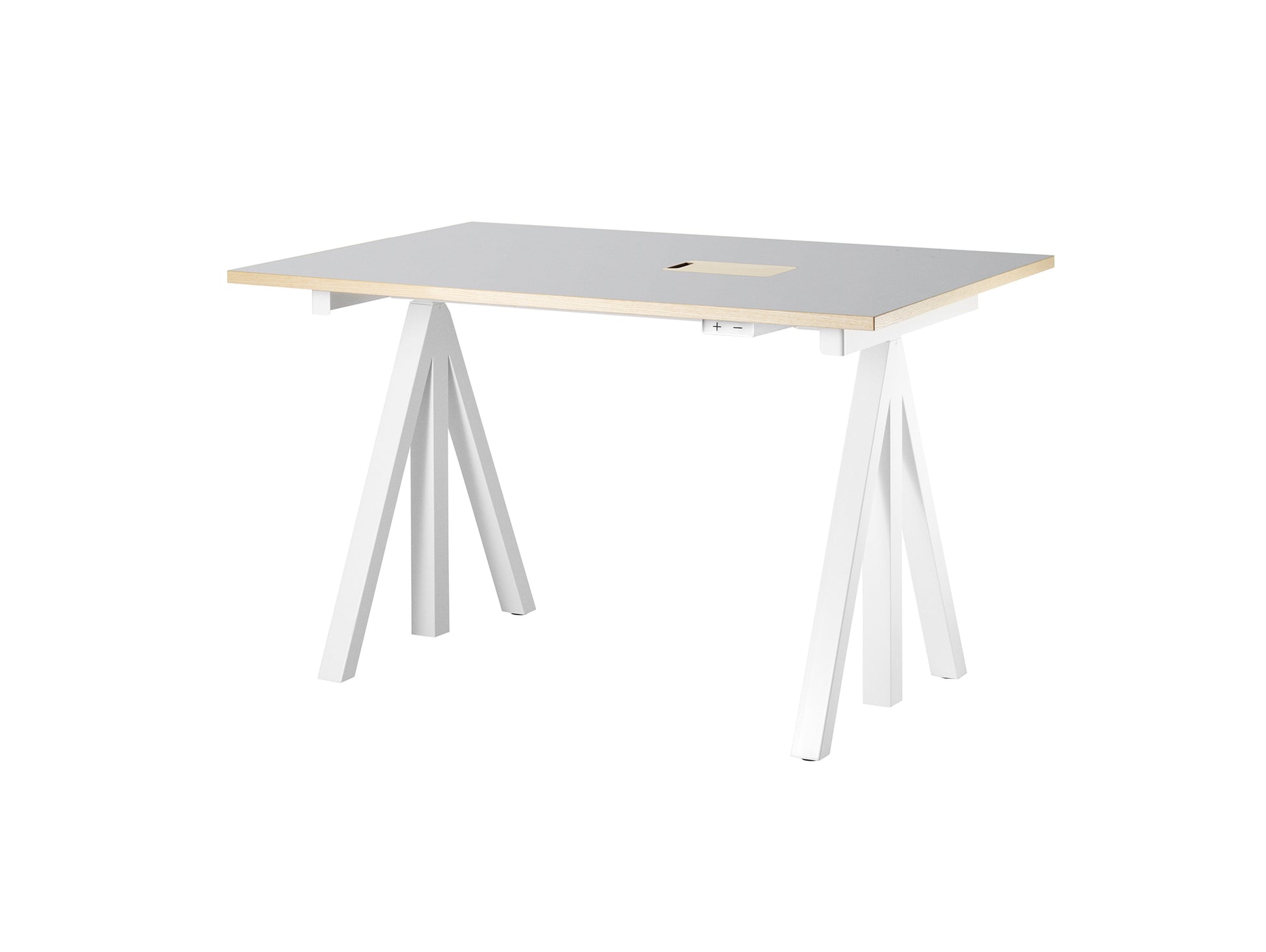 Height Adjustable Work Desk by String - 120 x 78 cm / White Steel Base / Light Grey Linoleum MDF Desktop