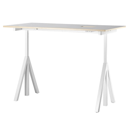 Height Adjustable Work Desk by String - 160 x 78 cm / White Steel Base / Light Grey Linoleum MDF Desktop