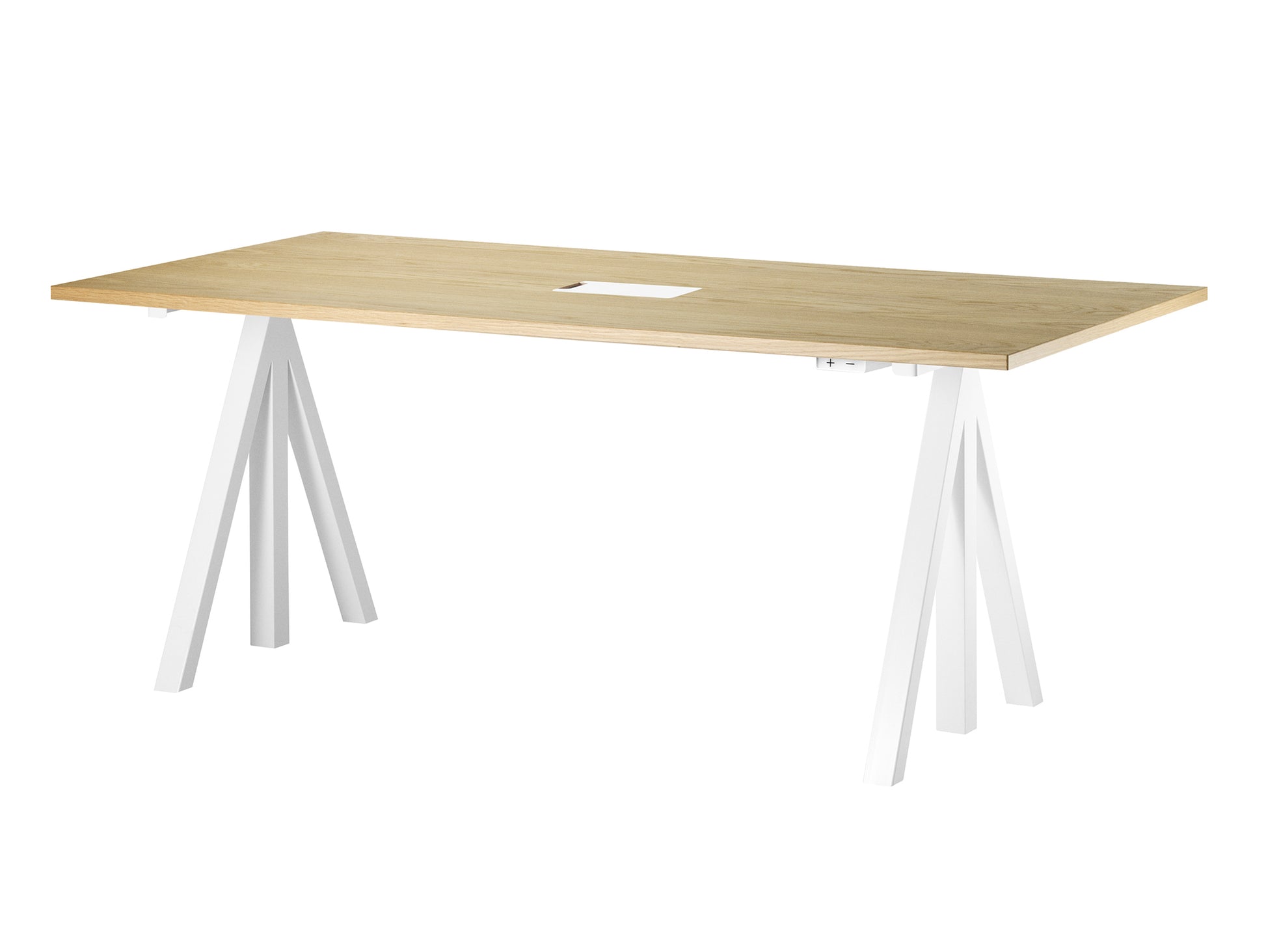 Height Adjustable Work Desk by String - 180 x 90 cm / White Steel Base / Oak Veneered MDF Desktop