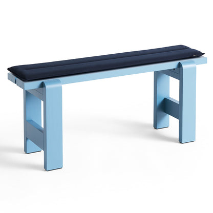 Weekday Bench with Cushion by HAY - Length: 111 cm / Azure Blue Lacquered Pinewood with Dark Blue Cushion