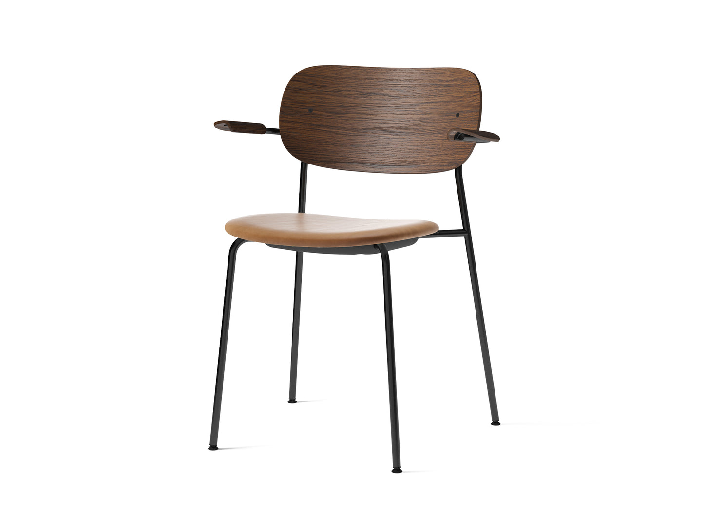 Co Dining Chair Upholstered by Menu - With Armrest / Black Powder Coated Steel / Dark Oak / Cognac Dakar Leather
