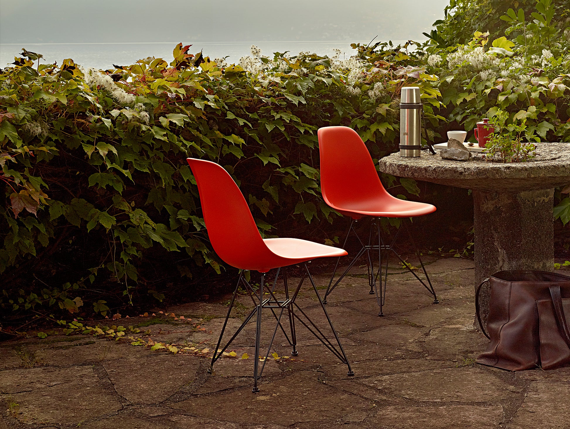 Eames DSR Plastic Side Chair (New Height) in Poppy Red with Basic Dark Base by Vitra