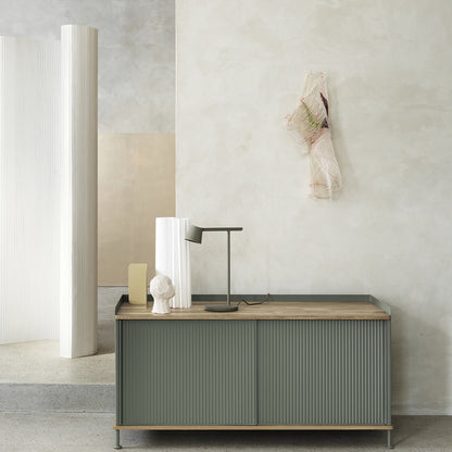 Enfold Sideboard by Muuto - Low / Lacquered Oak / Dusty Green Lacquered Steel