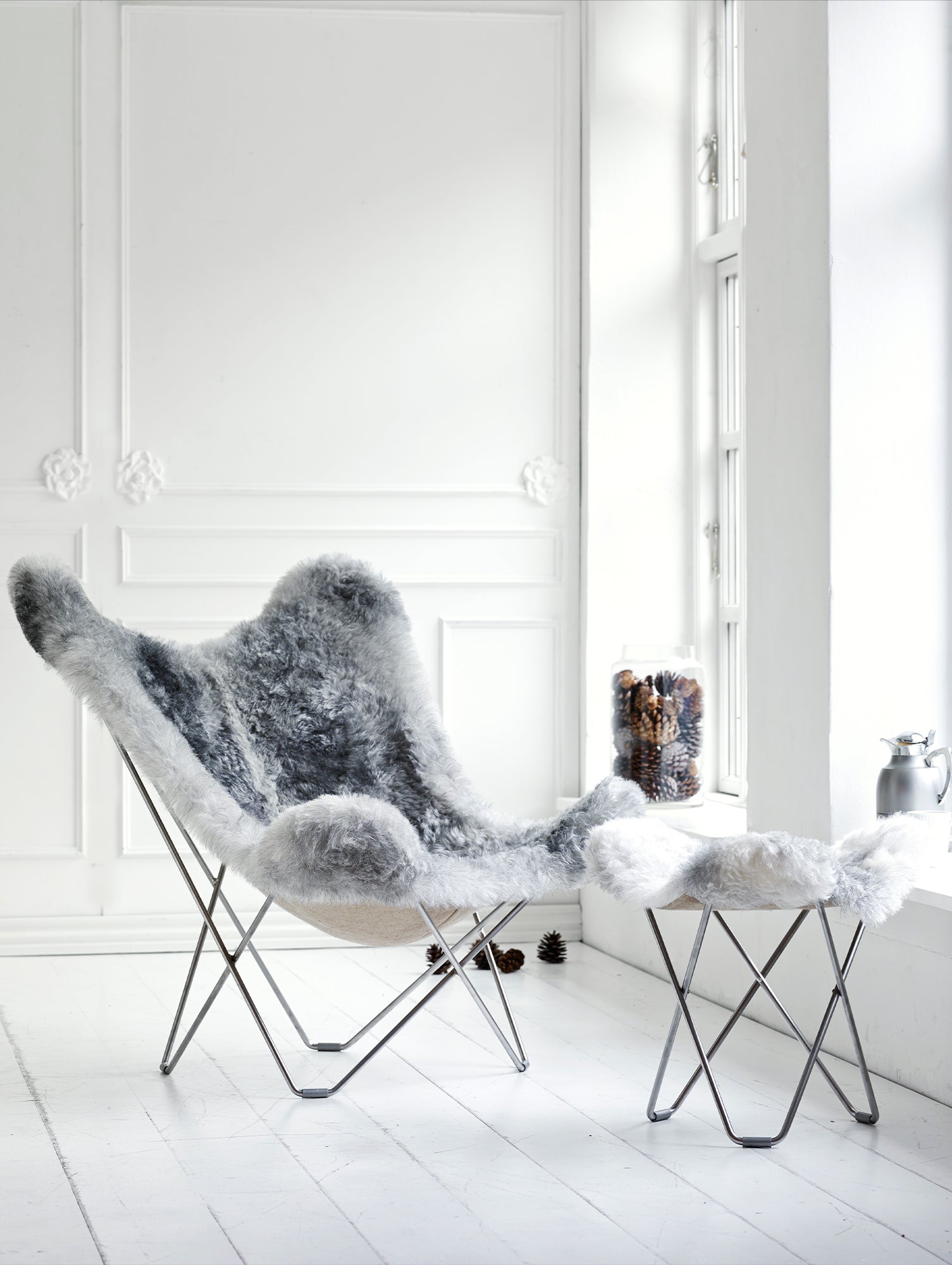 Mariposa Butterfly Sheepskin Chair by Cuero - Chrome Frame / Shorn Grey