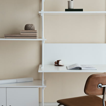Moebe Shelving System 200 cm - White uprights with White Lacquered Components, Cabinet and Desk