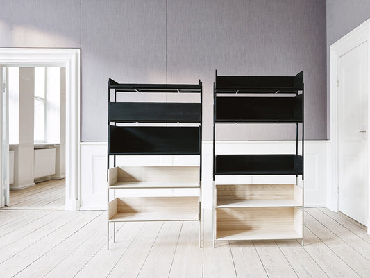 Skagerak Vivlio Shelves - Silk Grey and Black Frames with Oak and Black Oak Shelves